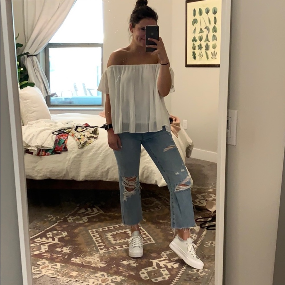 Off the shoulder white ribbed blouse